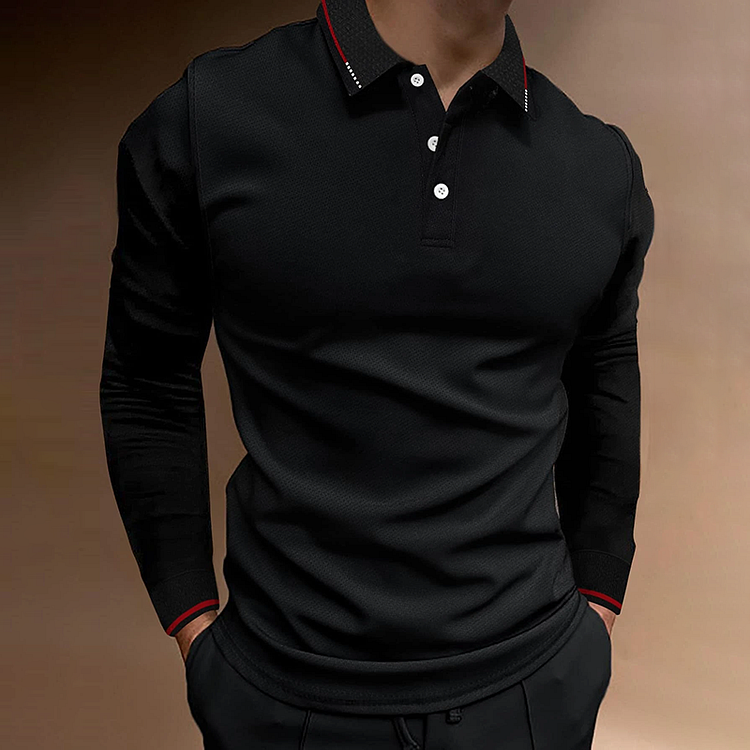 BrosWear Men Contrast Trim Long Sleeve Polo Shirt