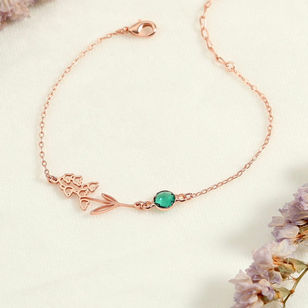 Vangogifts Birth Flower Birthstone Bracelet Custom Personalize Gifts for Girl Friend and Mom