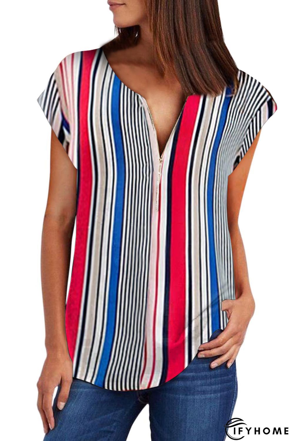 Multicolor V Neck Stripes Roll up Short Sleeve Zip Up Blouse | IFYHOME