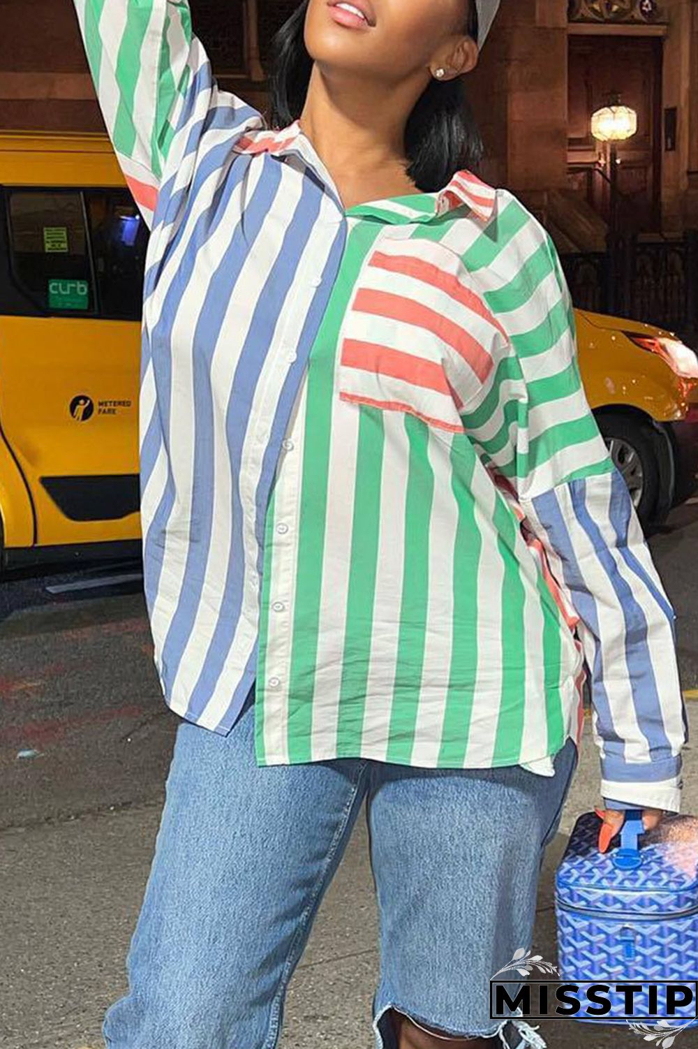 Blue Casual Striped Print Patchwork Buckle Turndown Collar Tops