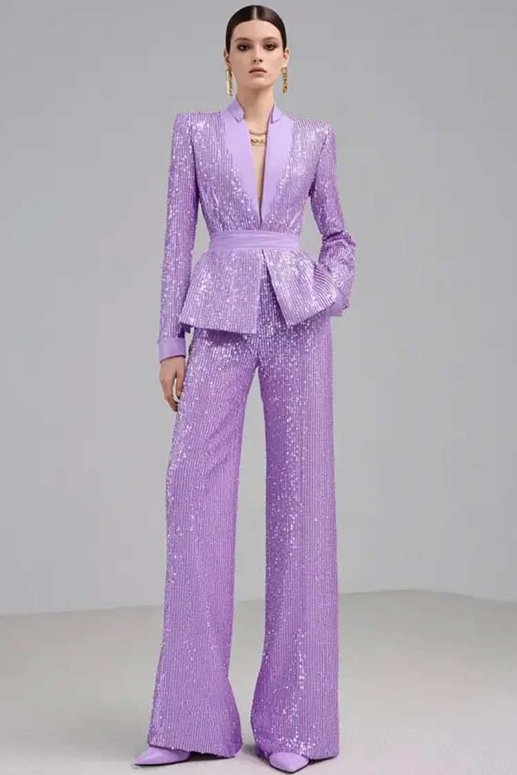 Sequin Lapel Collar Belt Blazer Two Piece Pant Suit-Purple [Pre-Order]