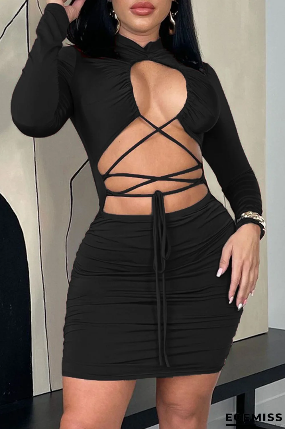 Black Fashion Sexy Solid Hollowed Out O Neck Long Sleeve Dresses | EGEMISS