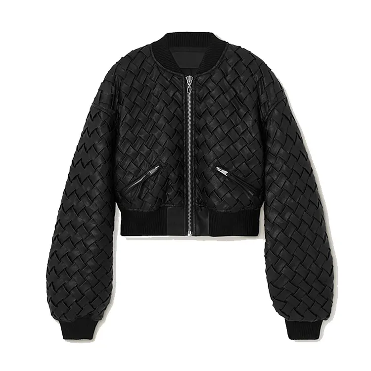 Niche Romantic Black Woven Design Texture Zipper Flight Suit Short Coat Mini Sheath Skirt Outfit 
