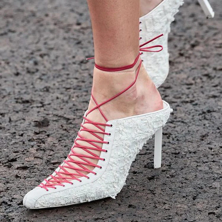 Ivory Stiletto Pumps Women's Elegant Strappy Heel Office Lace Up Shoes |FSJ Shoes