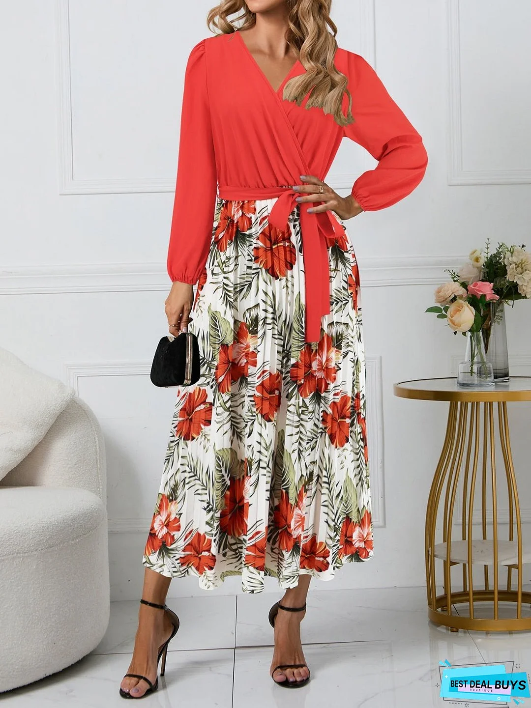 Pleated Printed Surplice Long Sleeve Dress