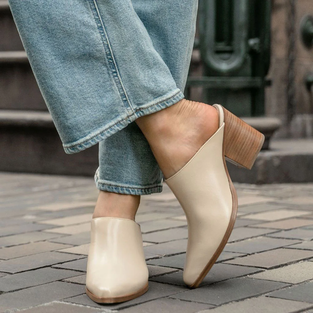 Beige Vegan Leather Slip-On Pointed Toe Chunky Heel Mules for Women