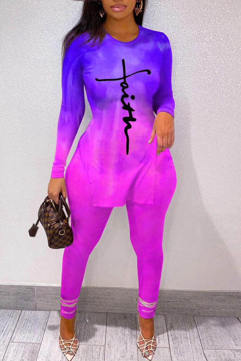 Purple Casual Gradual Change Print Patchwork Slit O Neck Long Sleeve Two Pieces | EGEMISS