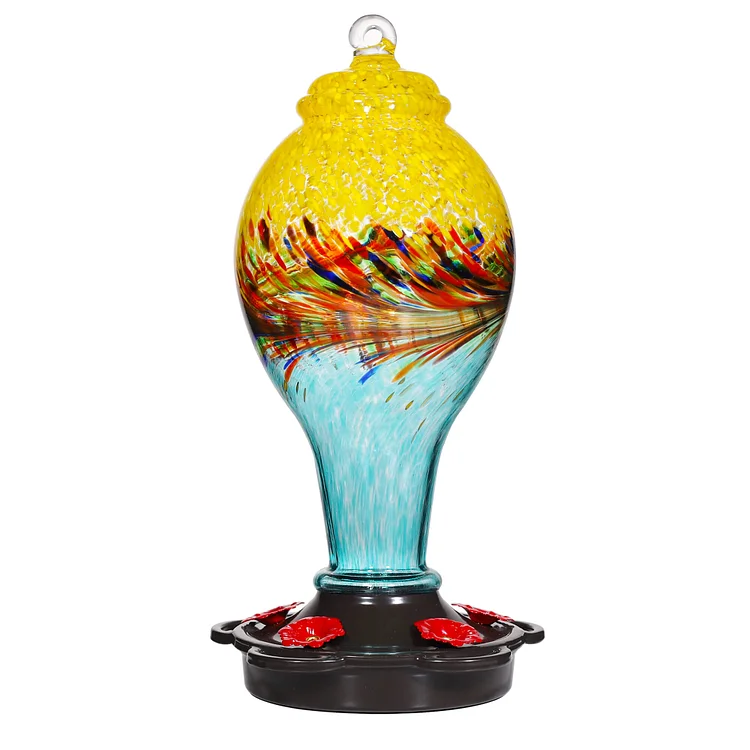 LUJII Hand Blown Glass Hummingbird Feeder for Outdoors with Ant Moat, Leak Proof & Rustproof , 25oz, Metal Base Cover with 5 Feeding Ports & Perches, Glass Art for Garden Decor (Blue Mixed Yellow)