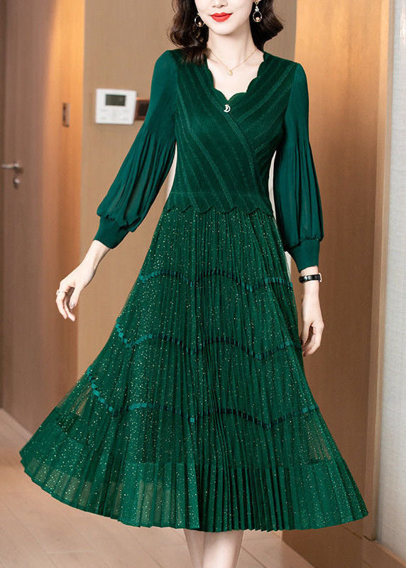 VCSHOES Green V Neck Patchwork Wrinkled Silk Long Dresses Long Sleeve