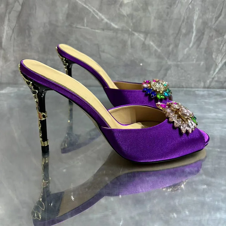 100mm Women's Purple High Heels Colorful Rhinestone Mule Sandals Flower Heels VOCOSI VOCOSI