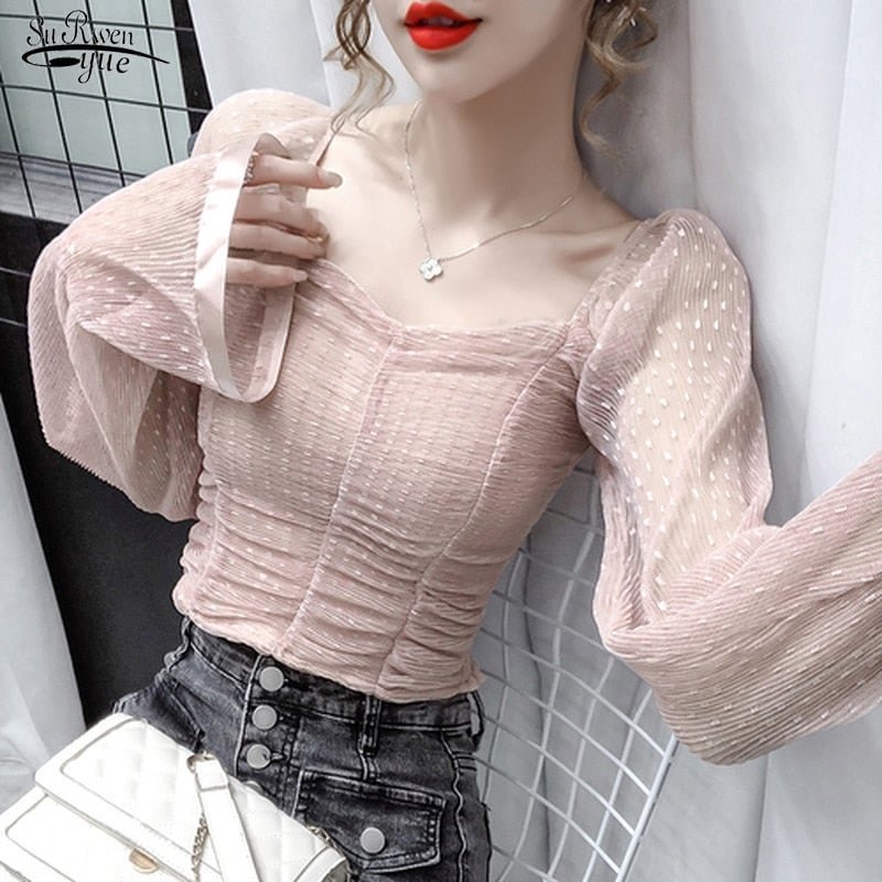 Casual Short Sexy White Shirts Women Vintage Puff Sleeve Top Femme Square Collar Pleated Chiffon Blouse Women New Arrivals 12071
