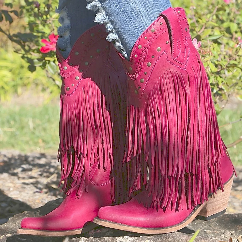 Hot Pink Pointed Toe Fringe Mid-Calf Cowgirl Boots with Chunky Heel Nicepairs