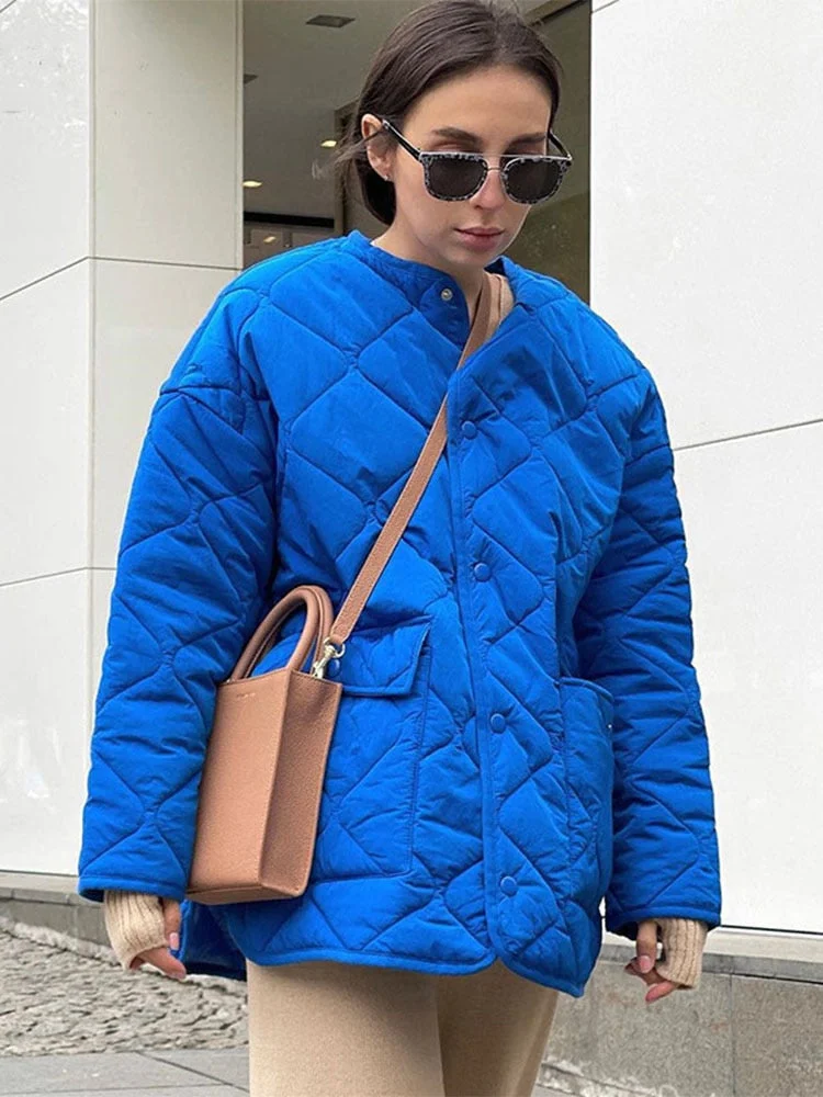 Jacuqeline 2022 Y2K Blue Warm Quilted Jackets Coats Women O Neck Long Sleeve Fashion Loose Oversize Parkas Jackets Autumn Winter