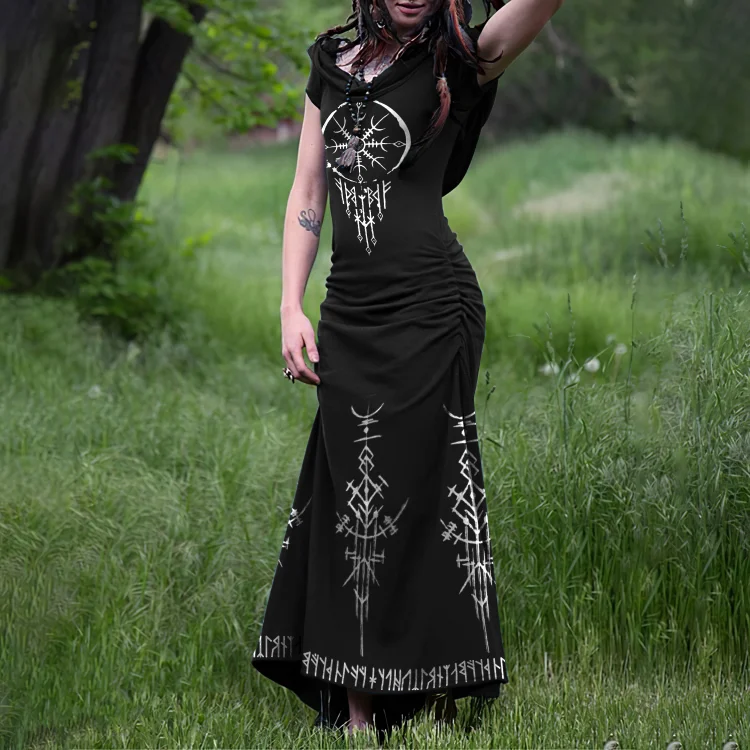 Wearshes Tribal Print Vintage Hooded Maxi Dress