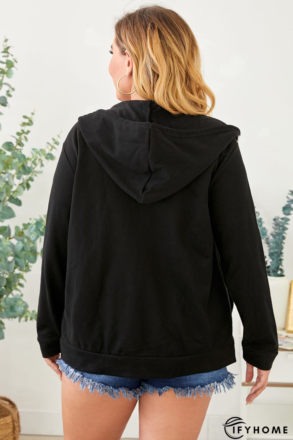Black Blue Blue Plus Size Zipper Down Hooded Coat with Pocket | IFYHOME