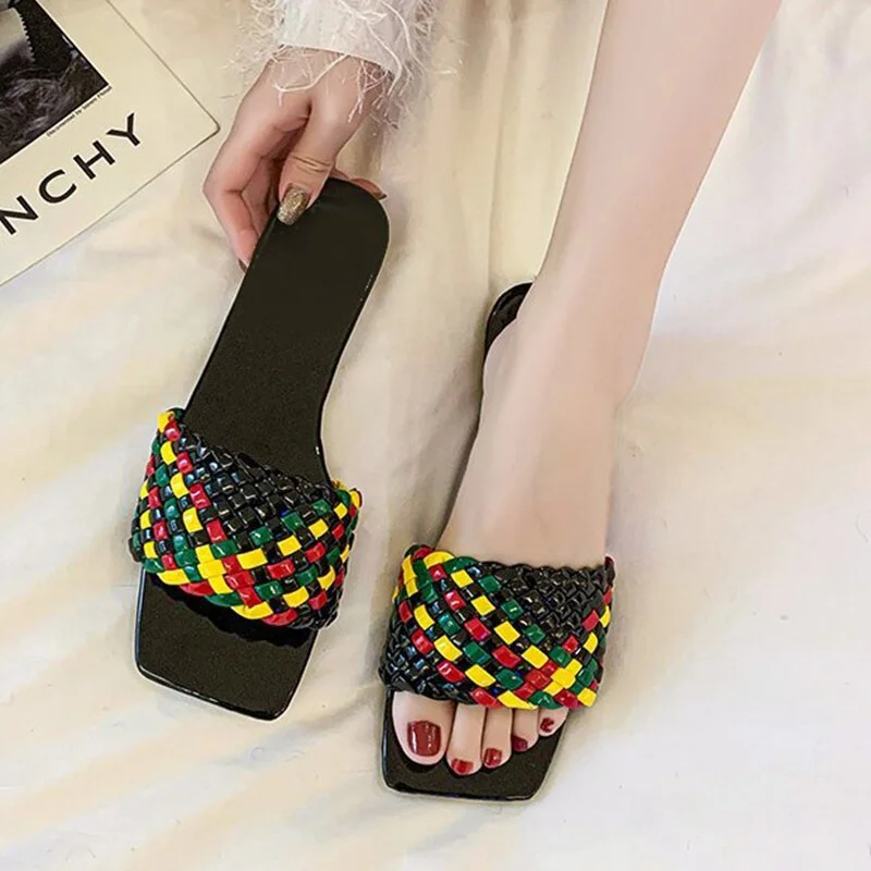 2021 Women Braided Slippers Beach Candy Colors Charm Summer Open-toe Flat Slippers Large Size 42 Vacation Casual Women Shoes