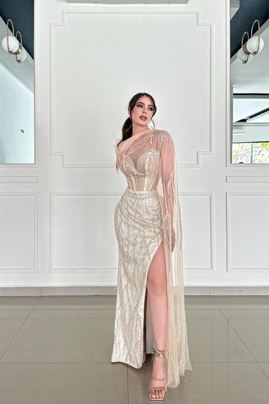 Lvs&Broner Champagne Sweetheart Sleeveless Beadings Long Prom Dress With Side Split