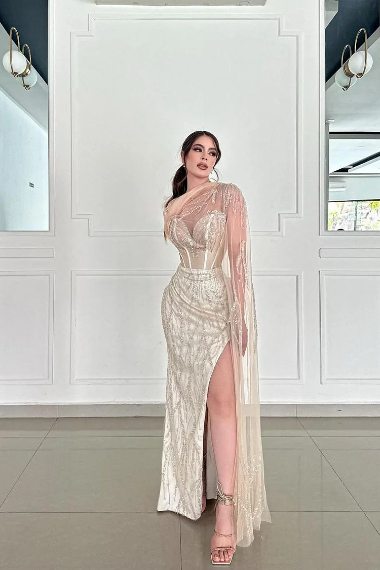 Hellodresses Champagne Sweetheart Sleeveless Beadings Long Prom Dress With Side Split