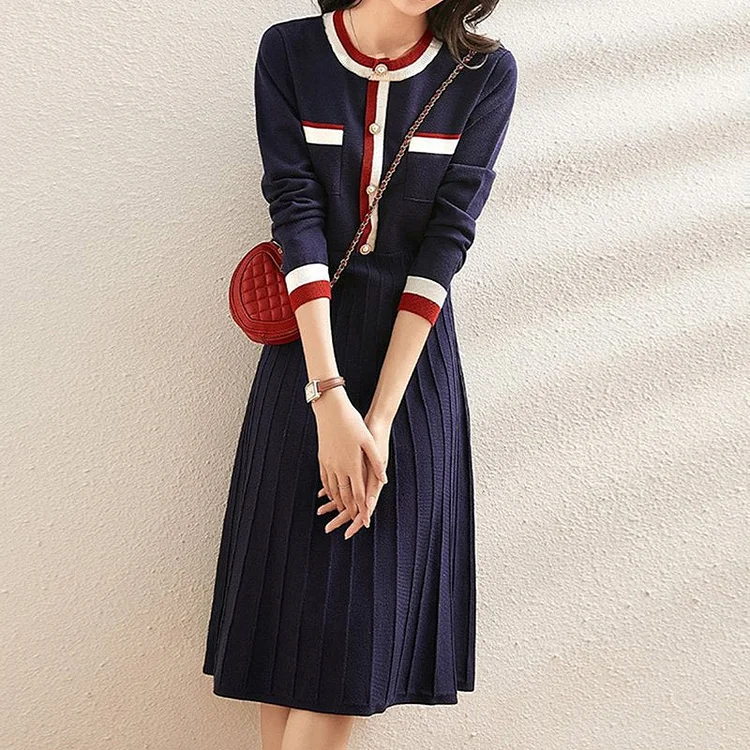 Navyblue Swing Knitted Long Sleeve Striped Dresses QueenFunky