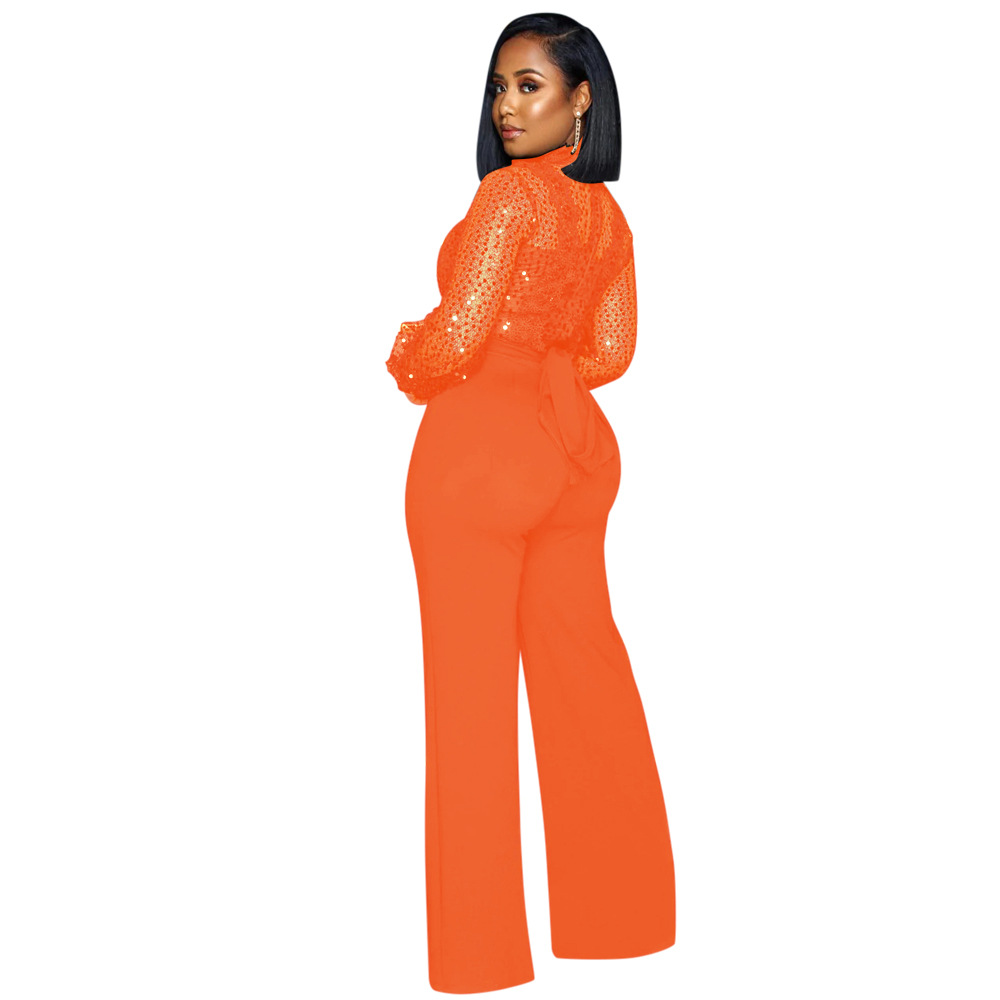 Party Turtleneck Sequin Lace Sheer Long Sleeve Top Loose Jumpsuit for Women - Ootddress