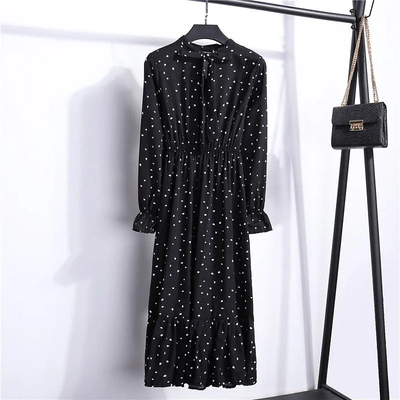 Autumn Chiffon Shirt Dresses Long Sleeve Polka Dot Plaid Office Vintage Dress 2022 Women Summer Casual Midi Floral Dress Vestido