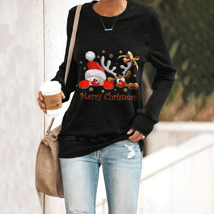 Wearshes Christmas Print Casual Crewneck Sweatshirt