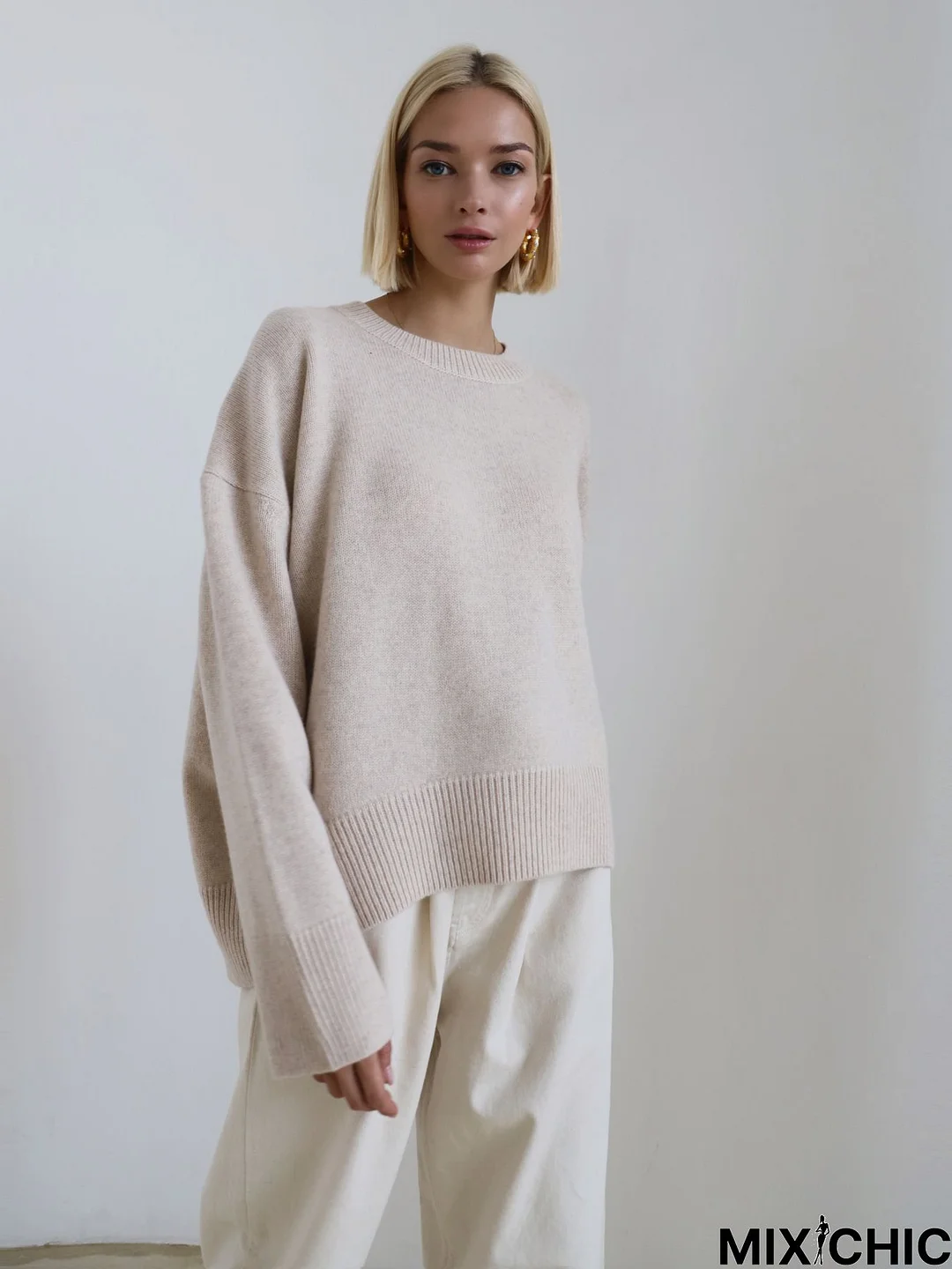 Long Sleeve Solid Cotton-Blend Sweater