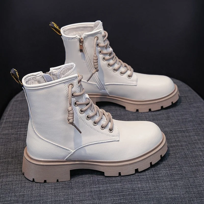 Beige Combat Boots For Women Platform Motorcycle Boots 2021 New Fashion Lace Up PU Leather Short Ankle Boots Female Designer