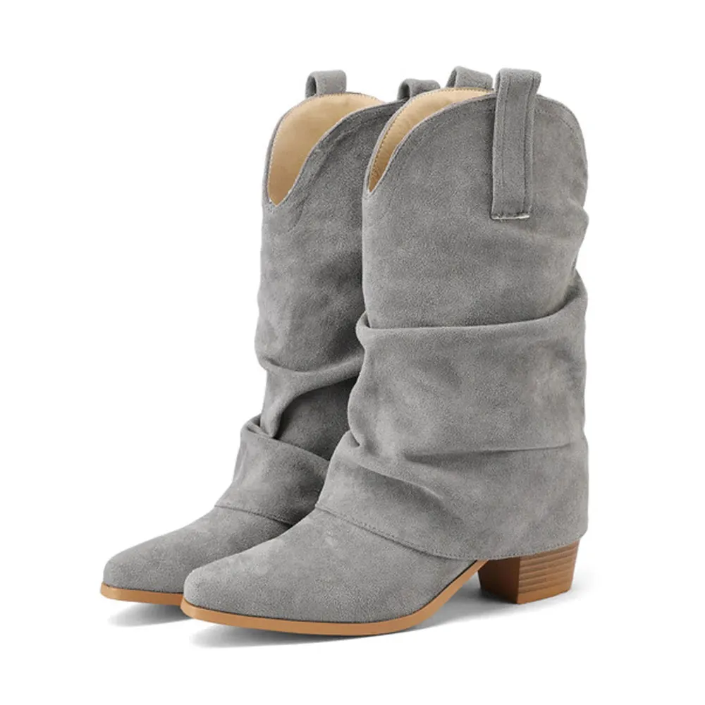 Vegan Suede Fold Over Block Heel Snip Toe Grey Mid Calf Cowgirl Boots