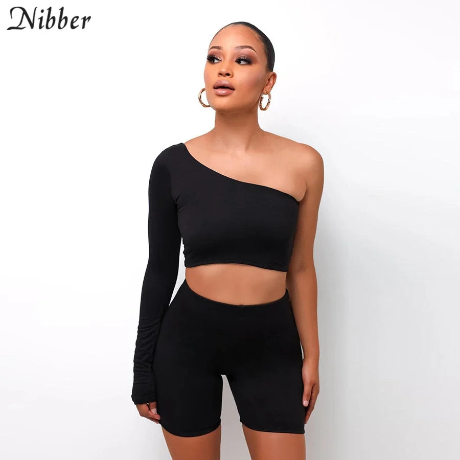 Nibber Casual Sports Asymmetry Long Sleeve Skinny Fitness Two Pieces Set For Women Fashion Off Shoulder Crop Top And Bike Shorts
