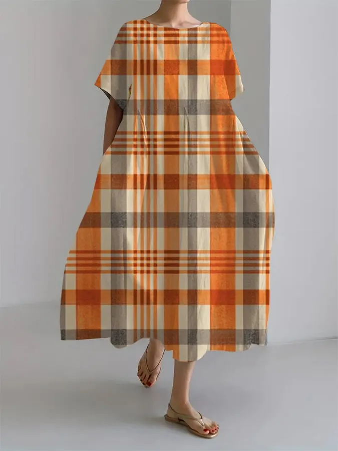 Women's Autumn Plaid Print Casual Loose Dress (With Pockets) 
