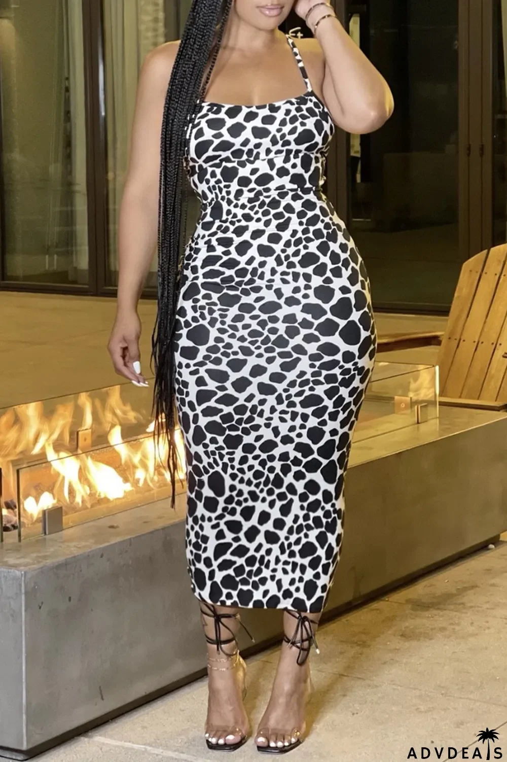 Yellow Fashion Sexy Print Leopard Backless Spaghetti Strap Sleeveless Dress