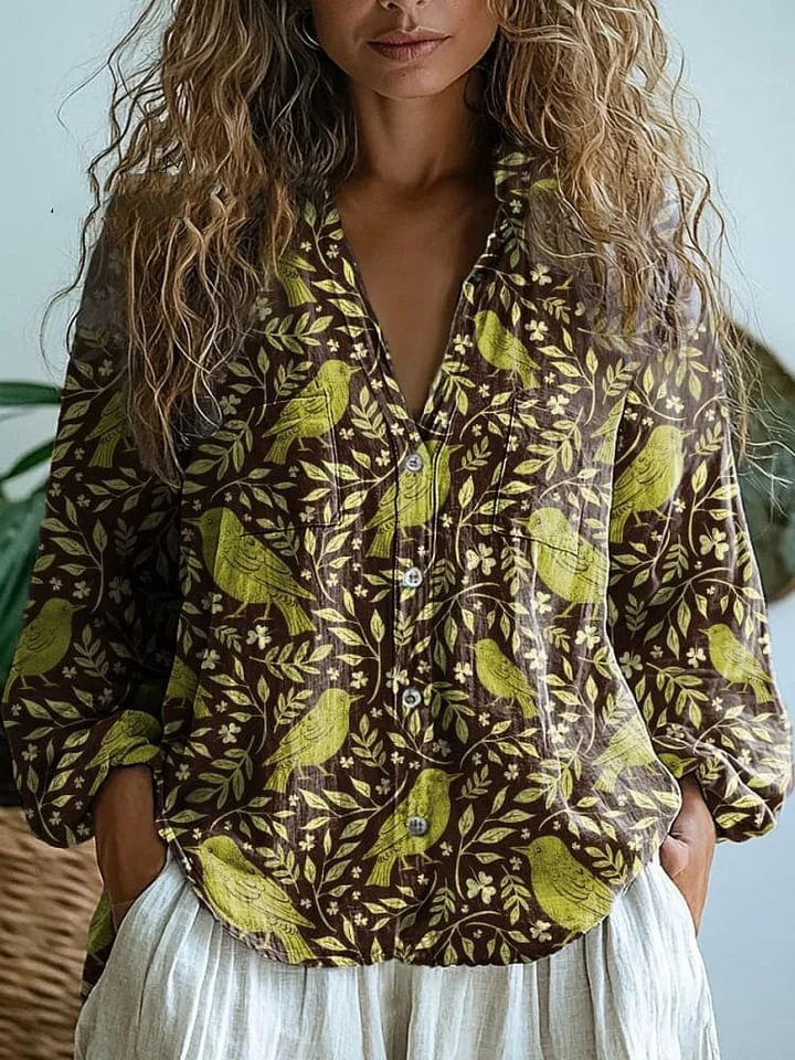 Women's Vintage Lovely Birds Floral Art Print Casual Long Sleeve Comfortable Cotton Shirt