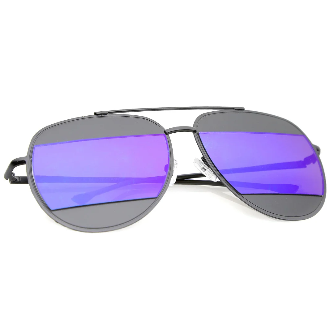 Two-Toned Metal Thin Temple Brow Bar Colored Mirror Split Lens Aviator glasses 57mm