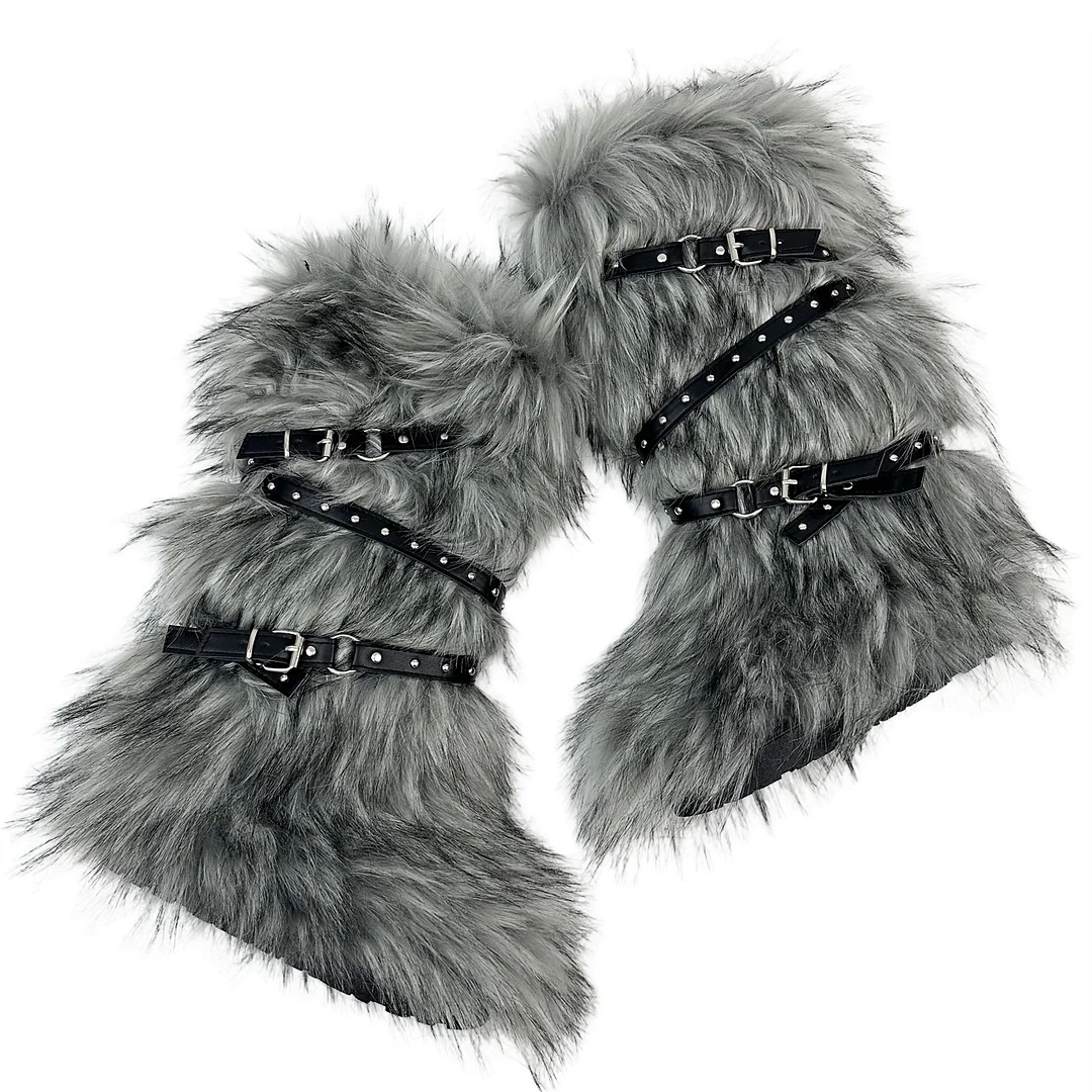 European and American Cross-border Y2K Spice Girls Sexy High Barrel Snow Boots 2024 New Cross Belt Buckle Fur Hair Boots-MERUMOTE