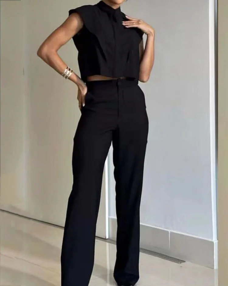 Solid Color Lapel Shirt & Pants Two-piece Set