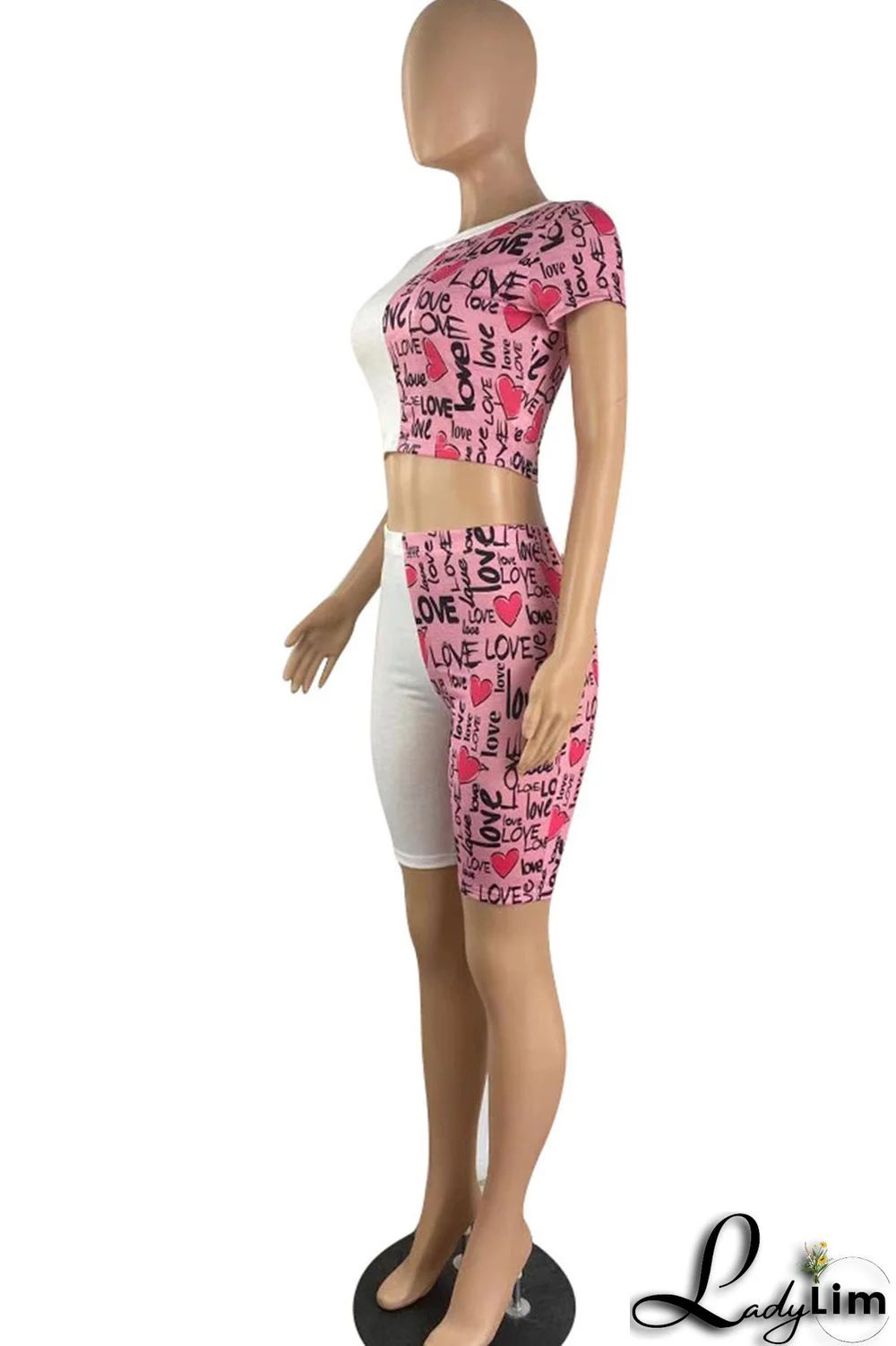 Black Casual Print Split Joint O Neck Short Sleeve Two Pieces