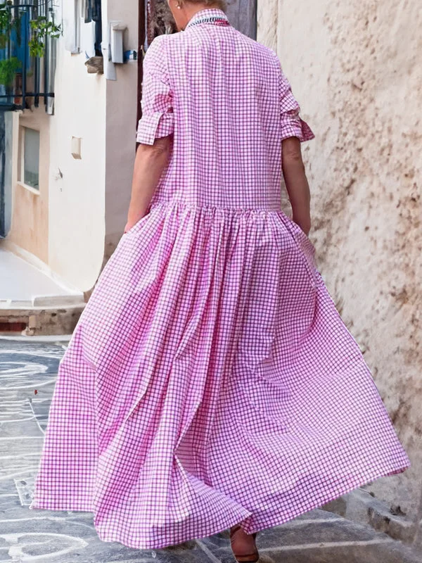 Casual Long Sleeve Cotton Linen Plaid Shirt Swing Dress