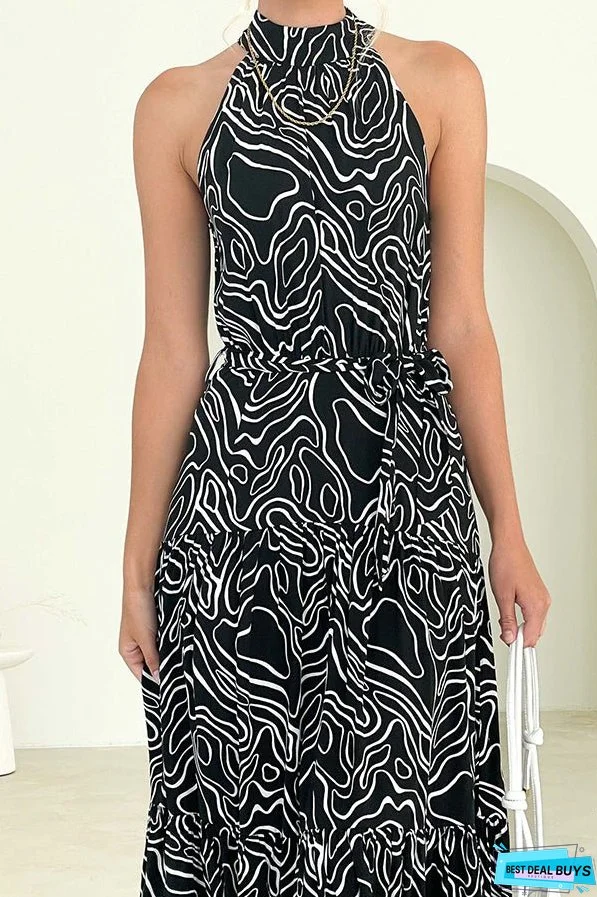 Elegant Loose Fashion Trend Print Lace Up Swing Dress