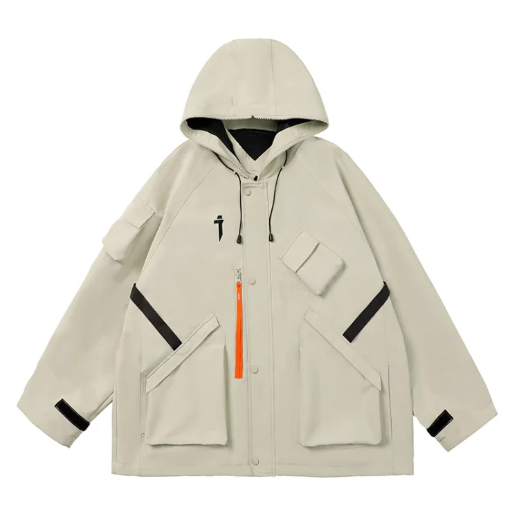 Function Loose Solid Color Hooded Pockets Zip-up Long Sleeve Coat