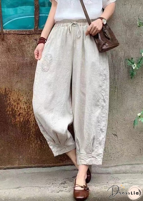 Plus Size Linen Lace Up Elastic Waist Linen Crop Pants Summer