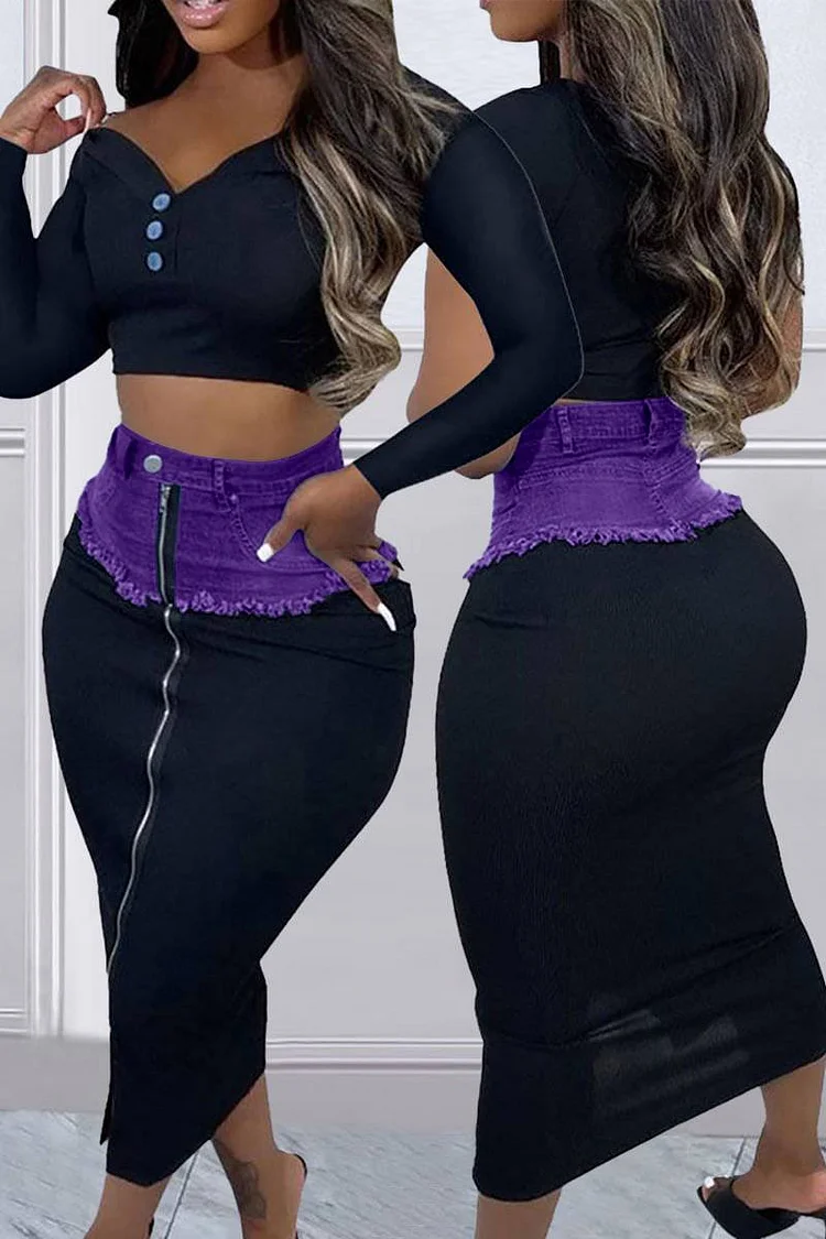Xpluswear Plus Size Blue Casual Denim Stitching Zipper Bodycon Skirt 