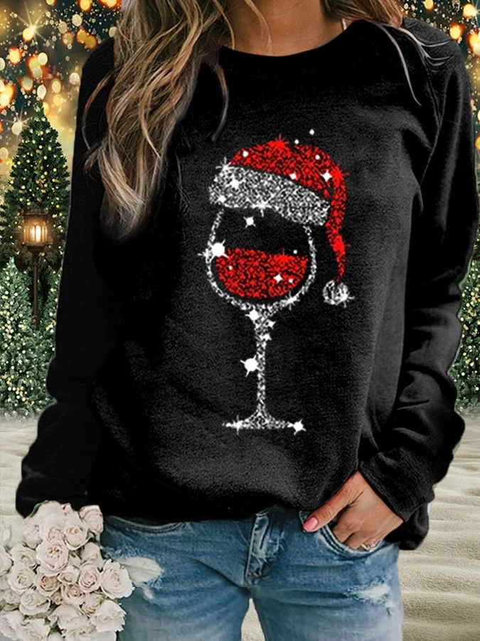 Women's Christmas Red Wine Glass Print Sweatshirt
