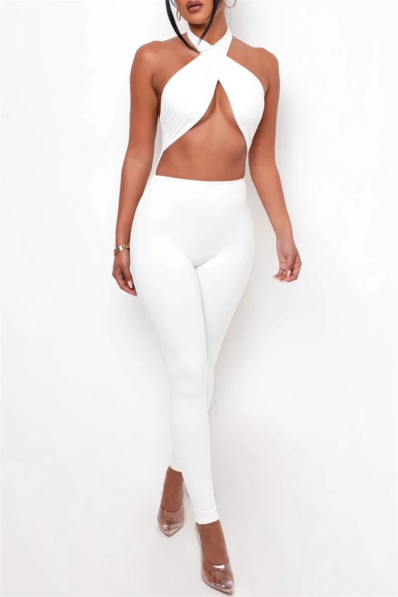 Sexy Casual Solid Hollowed Out Backless Halter Skinny Jumpsuits