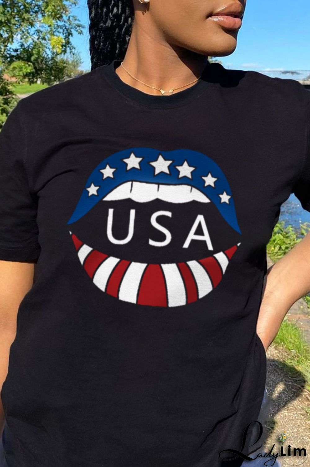 Black Fashion Casual Lips Printed Split Joint Letter O Neck T-Shirts