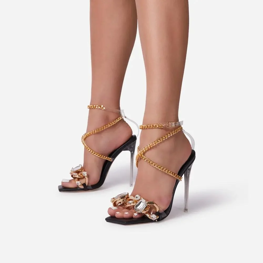 Sexy Summer Sandals Shoes for Women Party Cross-Tied Rome Classics Lace-up Concise Mixed Colors Peep Toe Chain Serpentine Pvc