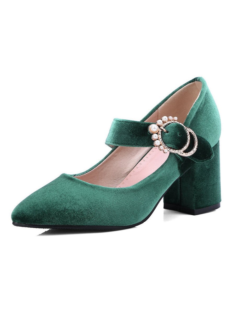Women's Shoes Pointed Toe Block Heel Pearl Buckle Shallow Mary Jane Shoes