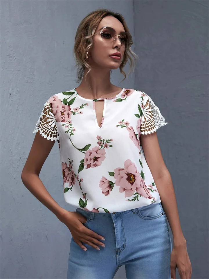 Explosive Summer New Round Neck Lace Shoulder Sleeve Floral Print White Short-sleeved Comfortable Casual T-shirt Female | 168DEAL
