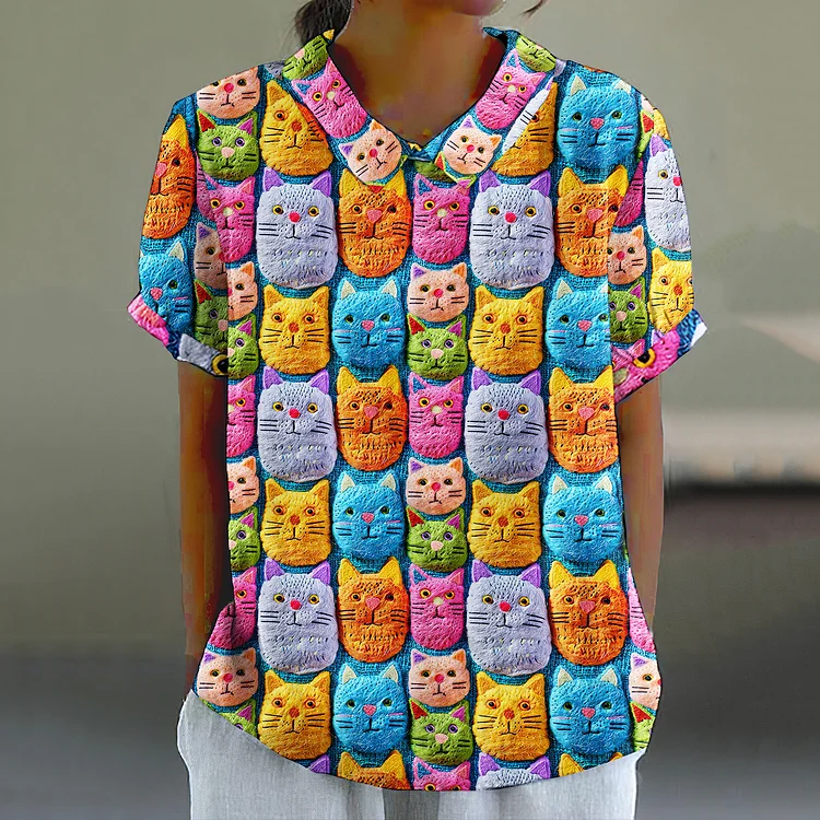Women's Pop Art Embroidered Cute Cat Print Shirt
