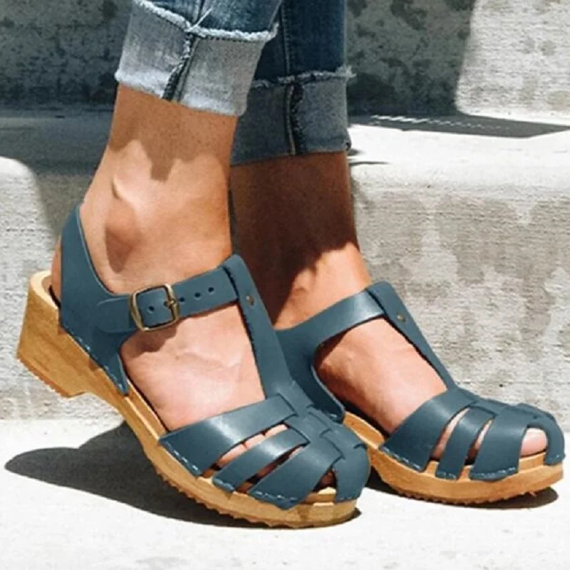 New Summer Women T Strap Sandals Mid Heels Platform Gladiator Ladies Shoes Black Closed Toe Beach Sandals Sandalias Mujer